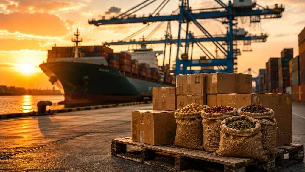 Bulk Indian spices ready for export at a shipping port at sunset
