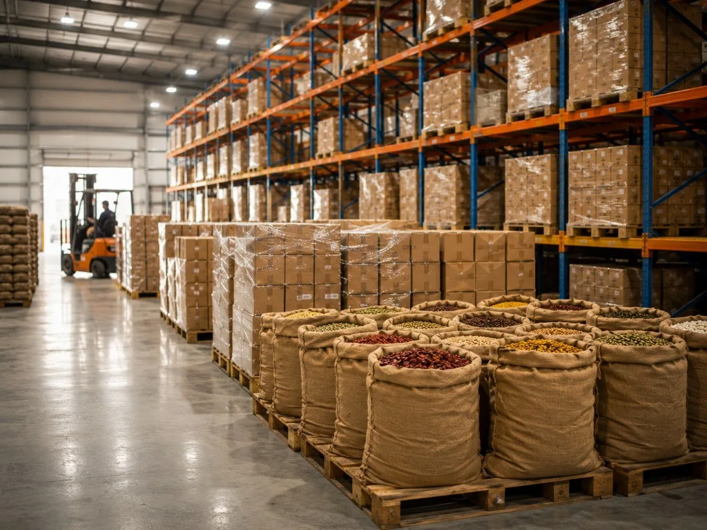 Export-ready warehouse with spice sacks, cartons and industrial racking