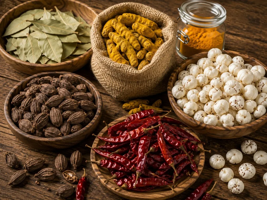 Premium Indian spices and superfoods including bay leaf, turmeric, black cardamom, makhana and red chilli