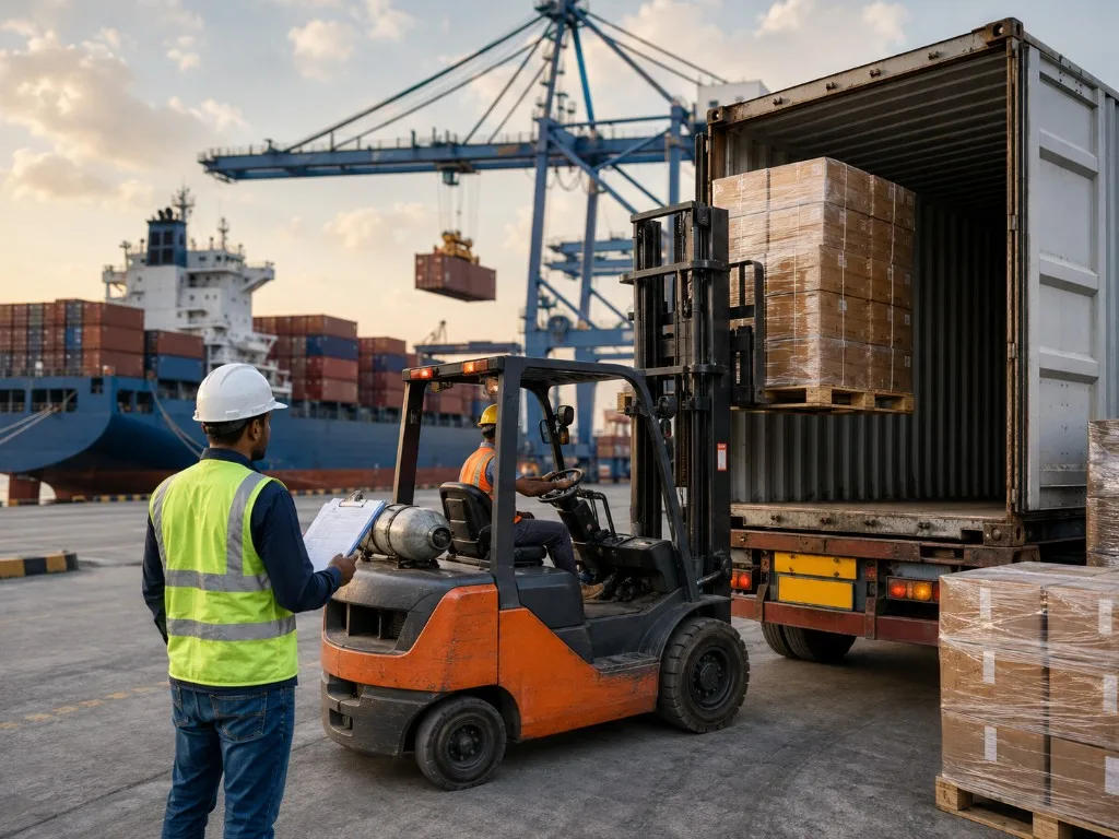 Container loading at port for True Indian Spice global export shipments