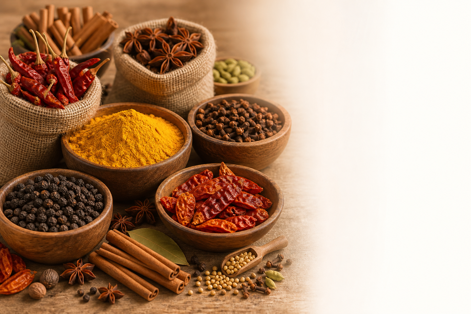 Premium Indian spices in bowls and sacks