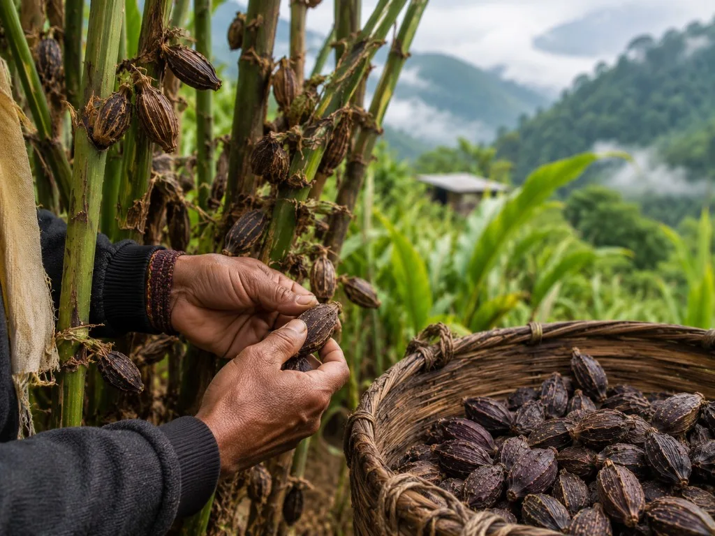 Harvesting Black Cardamom pods in Indian growing regions