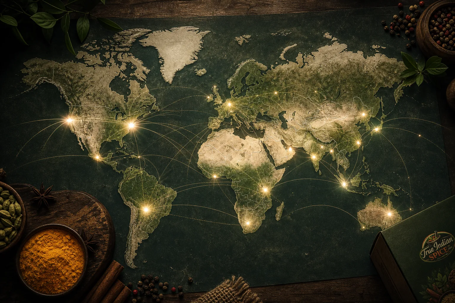 World map visual showing True Indian Spice global supply network and export markets