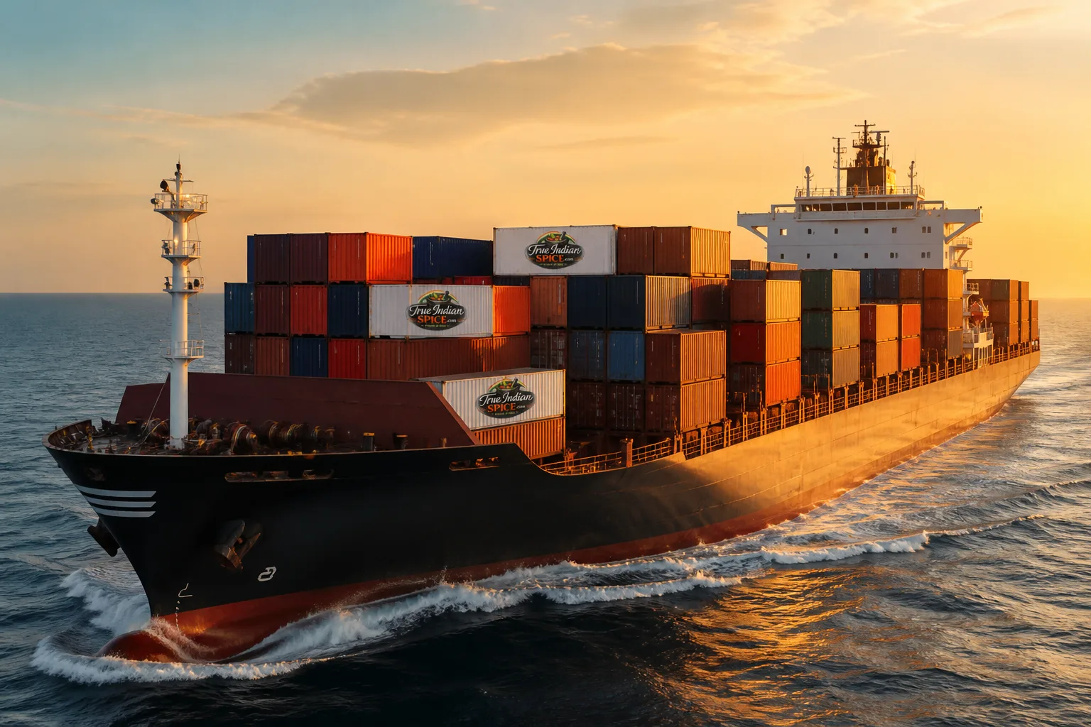 Container vessel carrying Indian spice export cargo from Gujarat ports to global destinations