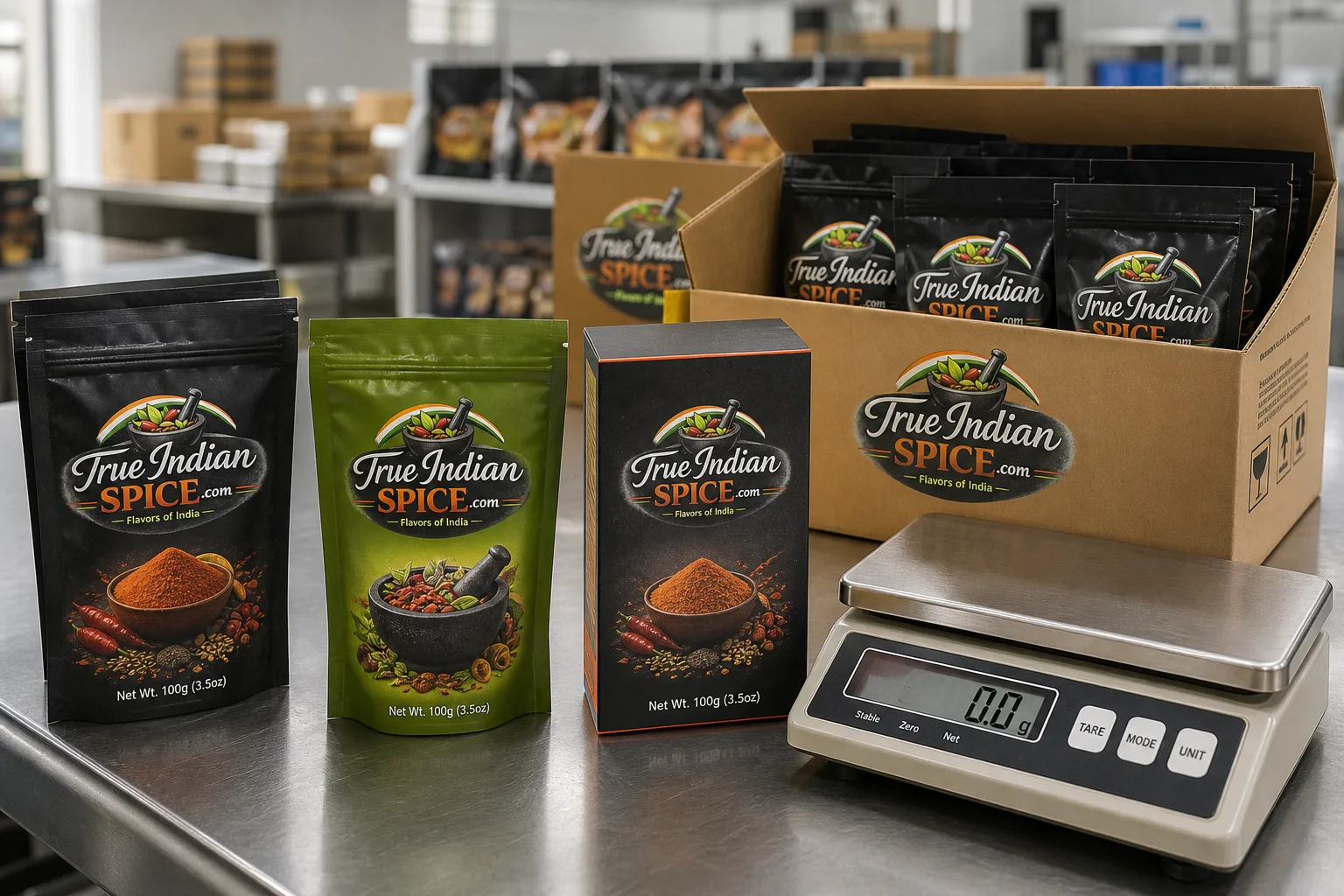 Processed spice lots staged for quality inspection and packaging