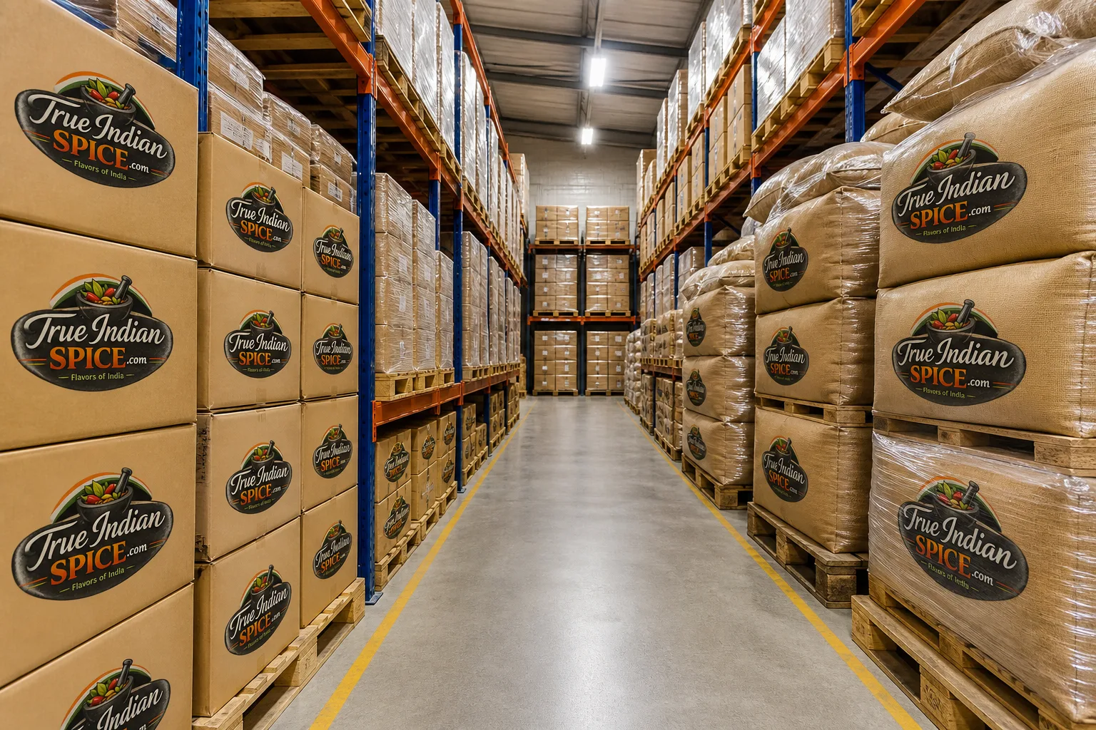 Export warehouse staging premium Indian spices for international shipment