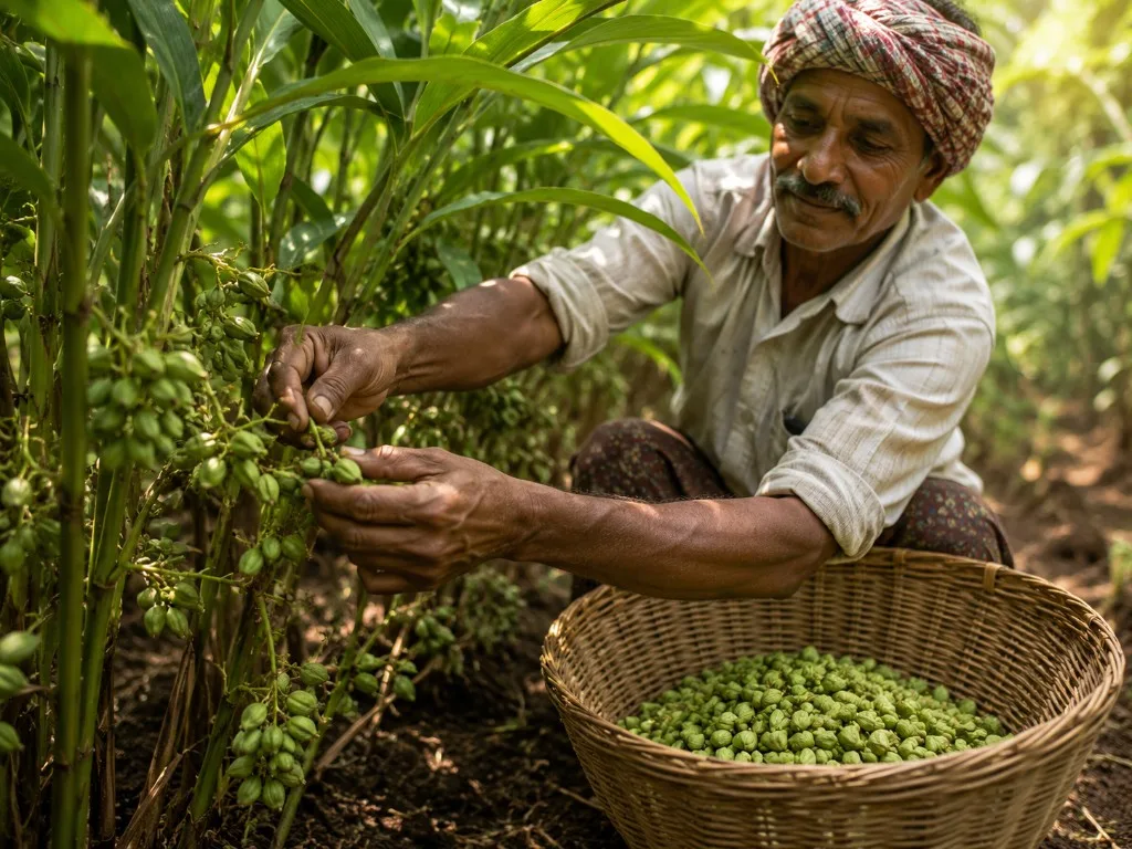Harvesting Green Cardamom pods in Indian growing regions