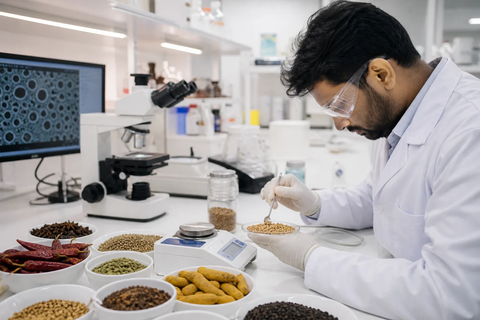 Quality control laboratory testing spices at True Indian Spice export facility