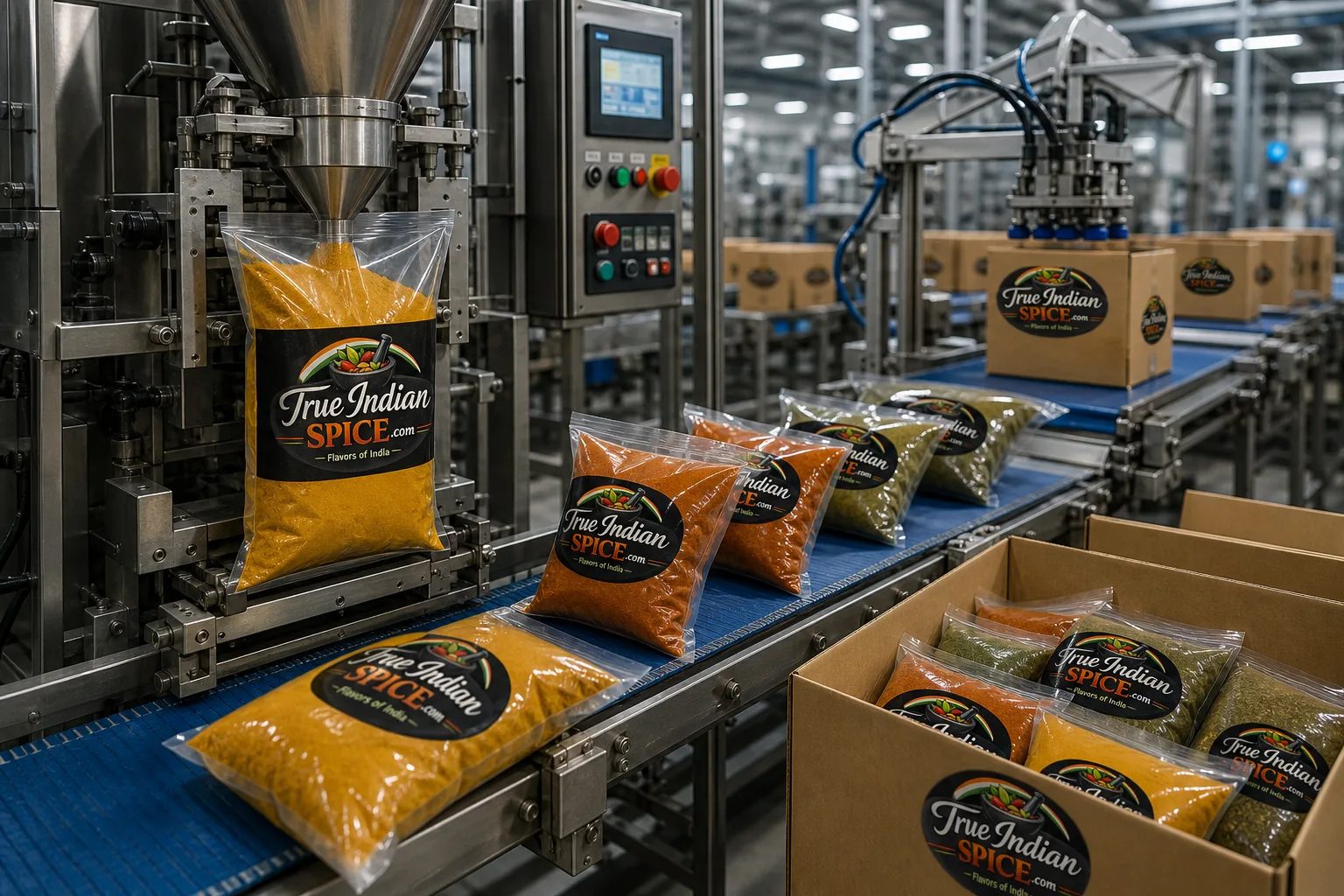 Food-grade spice packaging line preparing export cartons at True Indian Spice