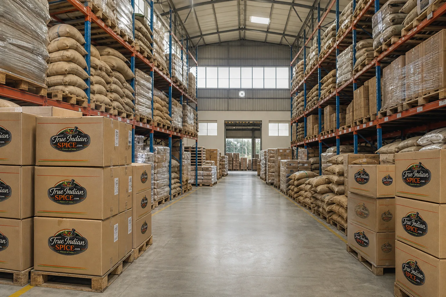 Modern spice export warehouse with palletized cartons at True Indian Spice Gujarat