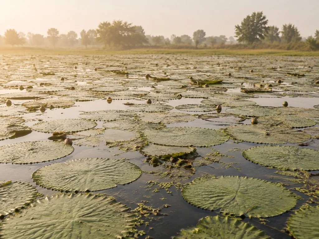 Makhana pond cultivation with Euryale ferox leaves in India