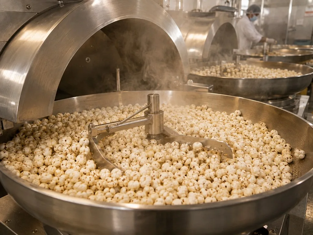 Optional roasting of Indian Makhana Fox Nuts for snack export
