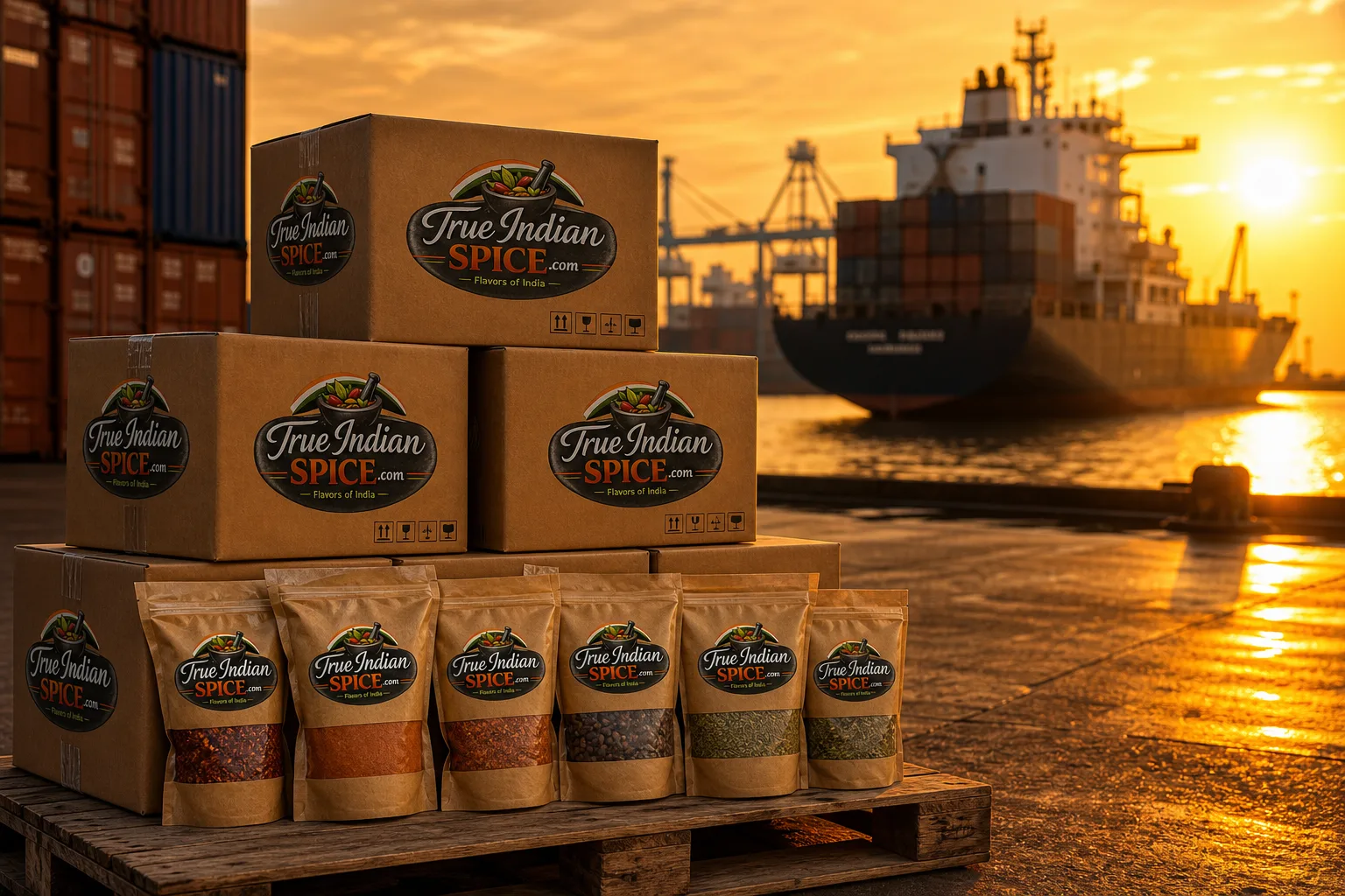 Export-ready spice packaging prepared by True Indian Spice for global buyers