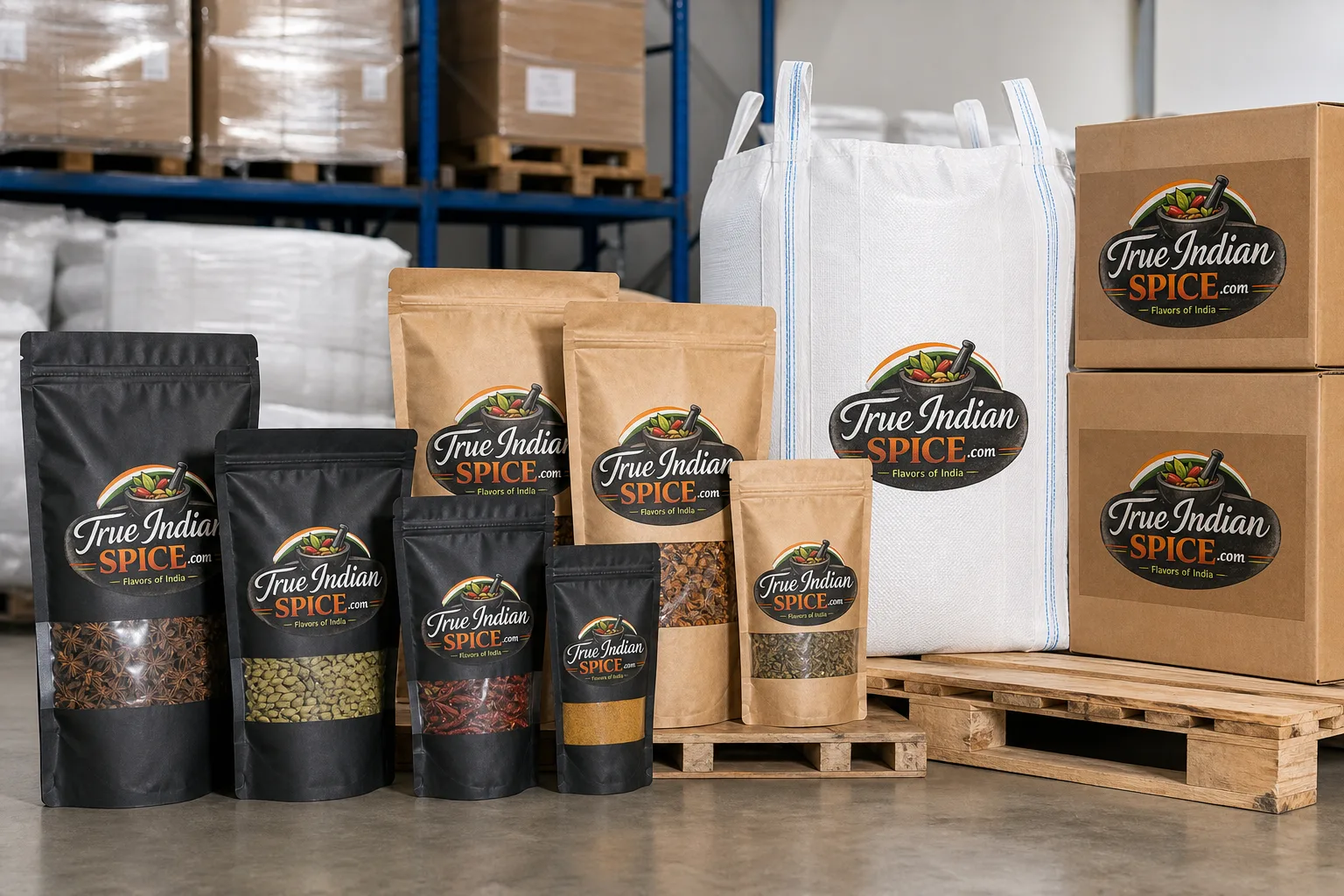 Premium food-grade export packaging for Indian spices ready for international shipment