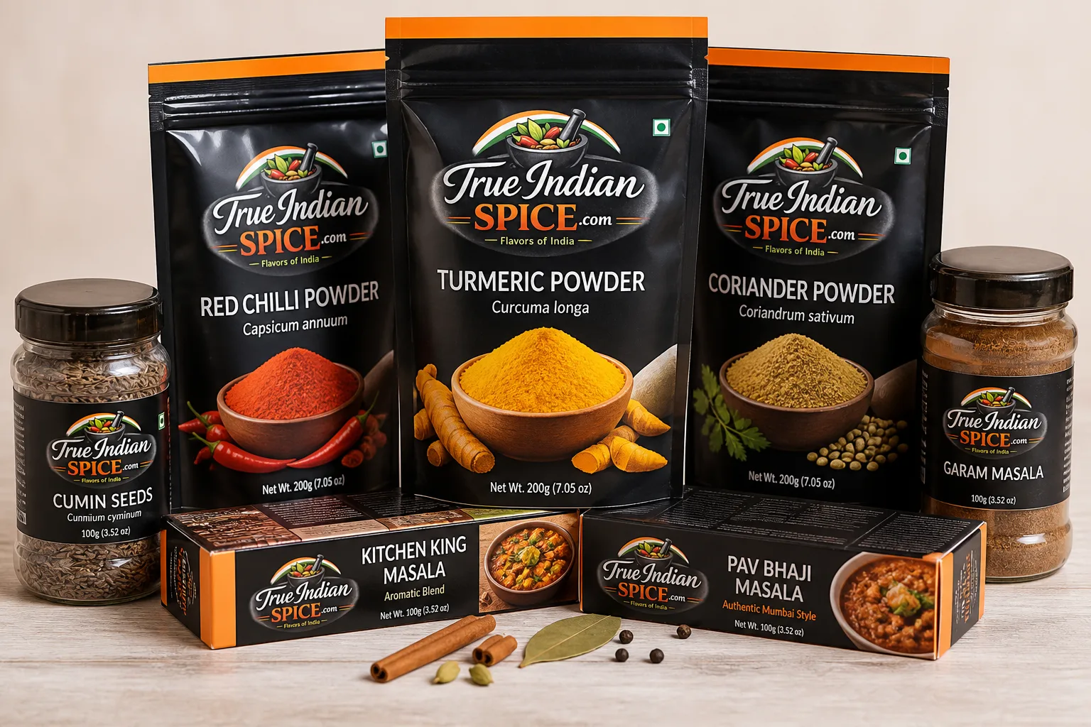 Assorted retail spice packaging sizes for export private label programs