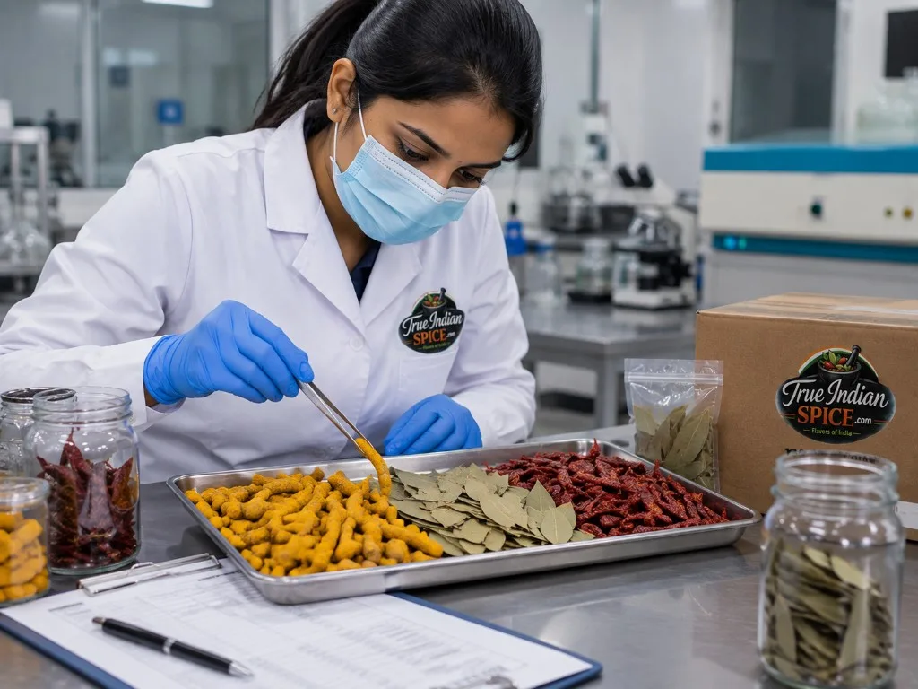 Quality technician inspecting spice samples for export purity and grading