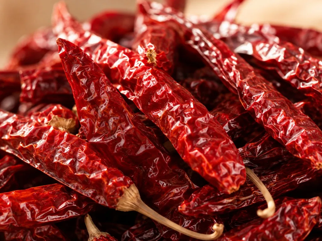 Close-up of bright deep red whole dry Indian chillies