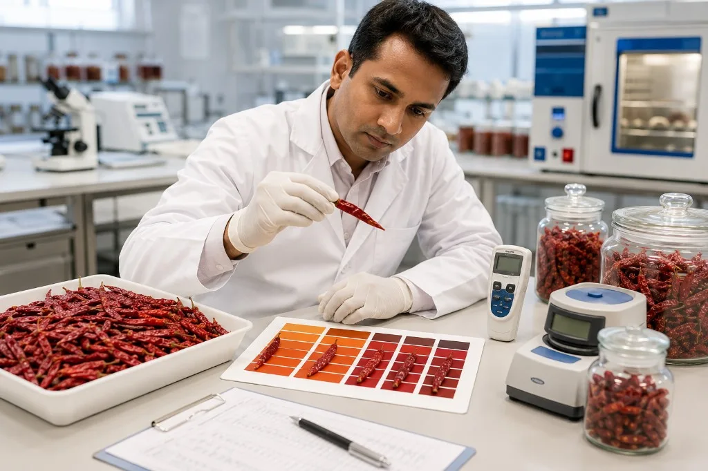 Quality control and lab testing of export Red Chilli